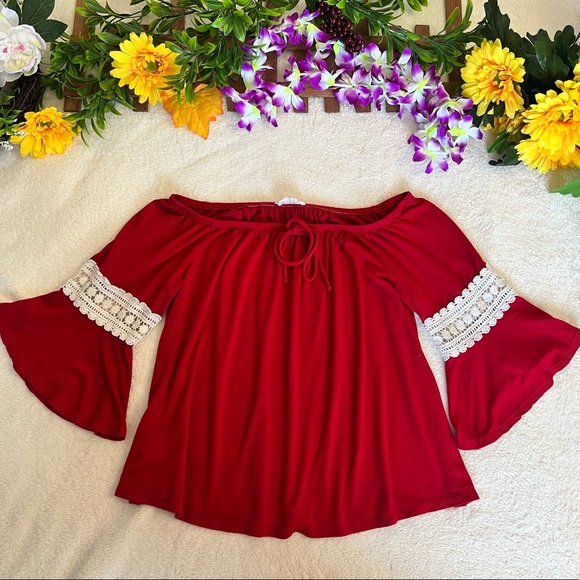 rainbows and cupcakes Tops - Rainbows And Cupcake Red Off Shoulder With Bell Sleeves